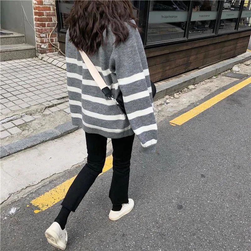 Neploe осень зима Harajuku стиль полосатый вязаный свитер женский свободный простой средней длины пуловер для женщин низ Топ 46656