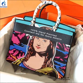 

Hand Drawing Mona Lisa famous painting customize Handbag togo Genuine Leather bags Women Messenger HandBag Real Cowskin totes