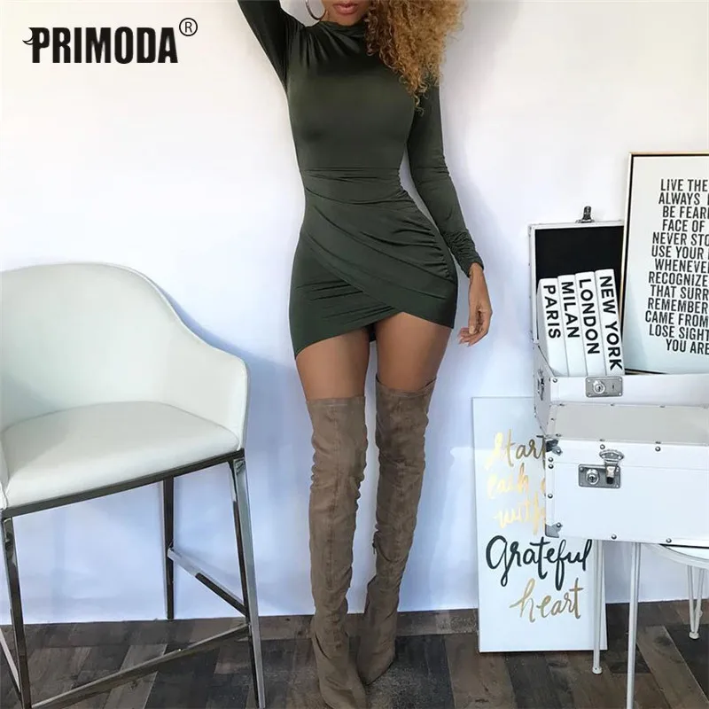 

Long Sleeve Autumn Winter Dress Turtleneck Warm Women Skinny Bodycon Dress Work Office Lady Wrinkled Mini Dress Overalls PR153G