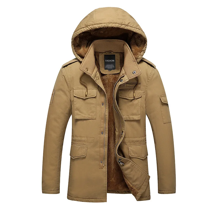 

2019 Winter Large Size Men Jacket Mid-length Hooded plus Velvet Embroidered Multi-pockets Workwear Coat Men's