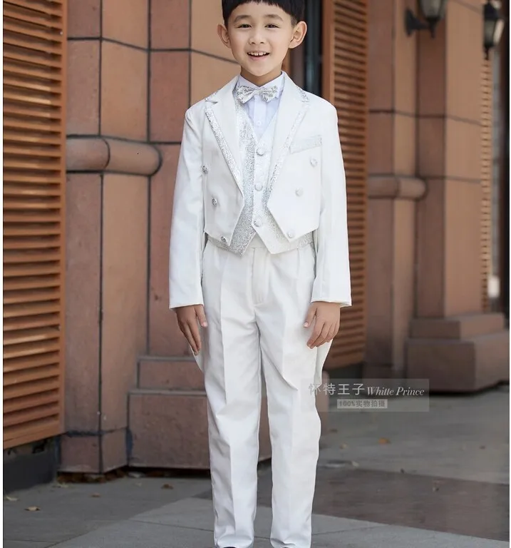 Moda elegante crianças branco smoking conjunto traje