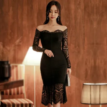 

2020 Spring Korea OL Black Slim Party Dress Women's Sexy Slash Neck Bodycon Fishtail Full Lace Vestidos