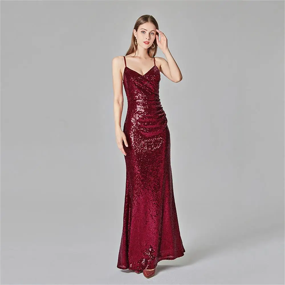 

Spring 2020 JINZUO new Sequin slim banquet host sling Backless Burgundy Red Sexy prom dress