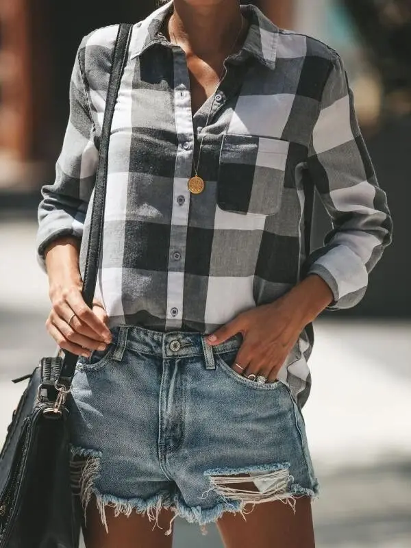 

fashion European style trend plaid woman blouse spring autumn casual slim long sleeve single breasted female shirts korean
