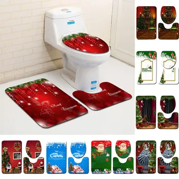 

Carpet Toilet Seat Cover 3D Printed Soft Polyester Fiber 3PCS Decoration Bathroom Xmas Rug Floor Mat Christmas Bath Mat