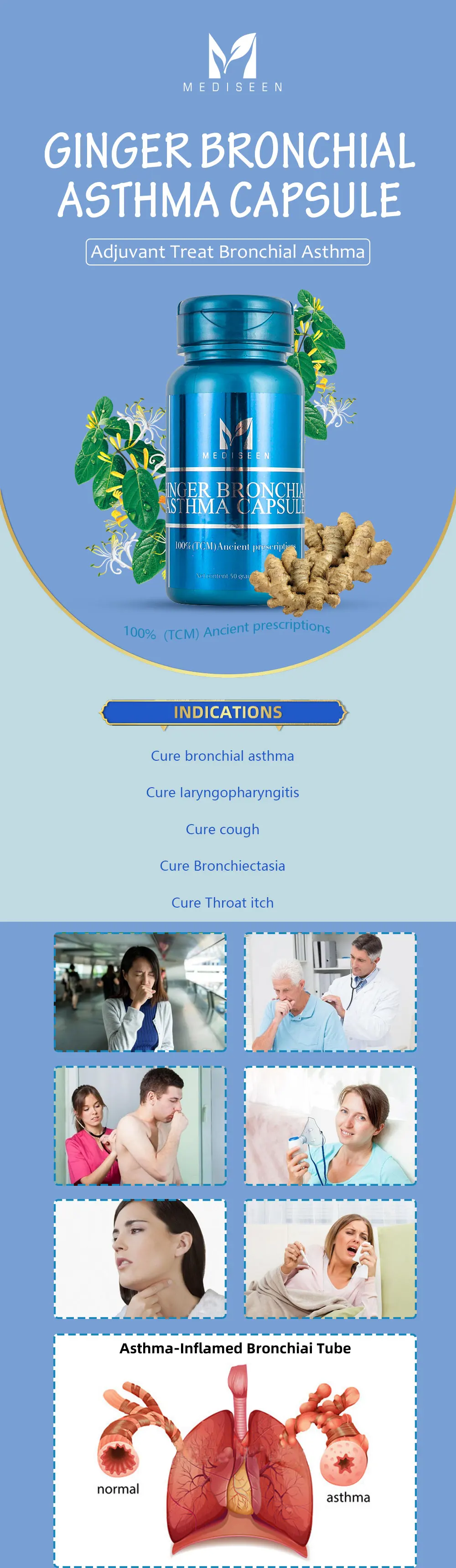 Медизен имбирь бронхиальная астма капсула, лечение бронхиальной астмы, лечение бронхиальной эктазии, лечение зуда в горле и бронхиэктазии, 50 шт