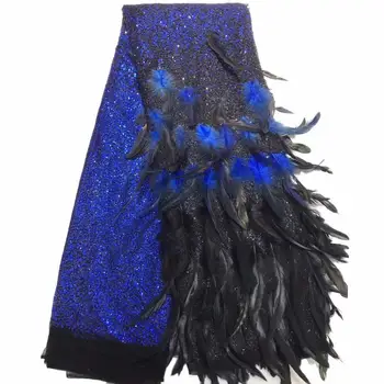 

Wholesale French fringed lace fabric with feather high quality handmade African glitter sequined fabric for royal wedding dress