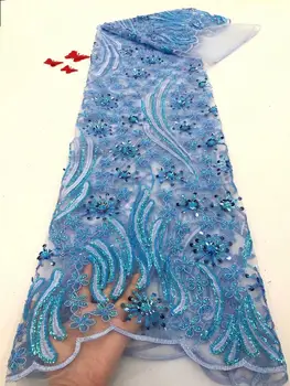 

Unique blue Nigerian Sequins Net Lace Fabrics High Quality Sequined Guipure Laces Material Women Prom Bride Wedding FDF87