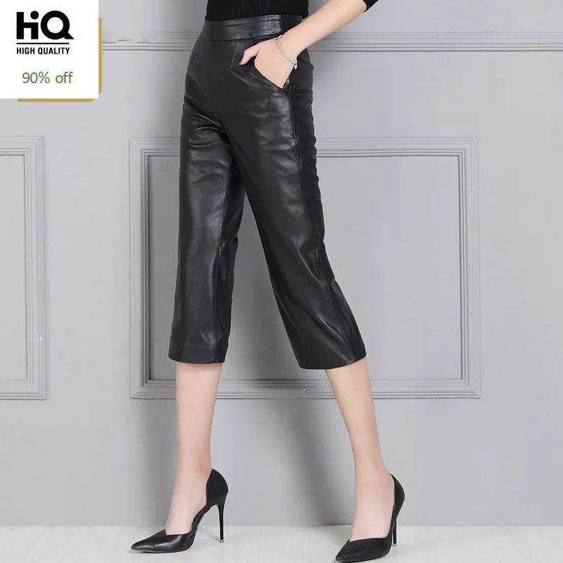 Top Merk Echt Lederen Broek Vrouwen Wijde Pijpen Kalf Lengte Broek Kantoor Dames Hoge Taille Casual Pantalones Plus Size S-4XL