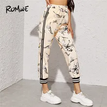 Romwe спортивные Цветочные Печатные боковые штаны в полоску Женская Спортивная одежда средняя талия укороченный тренажерный зал тренировочные брюки