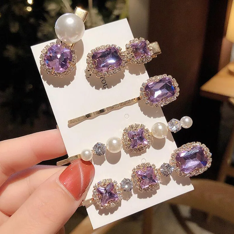 

New Korean Vintage Purple Crystal Hairpins Elegant Pearl Hair Clips for Women Fashion Summer Holiday Hair Accessories