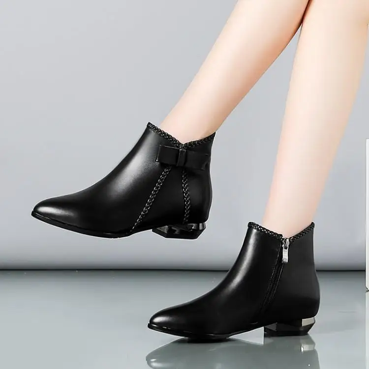 

Martin boots female leather pointed thick with short boots short tube of low heel and ankle boot head layer cowhide
