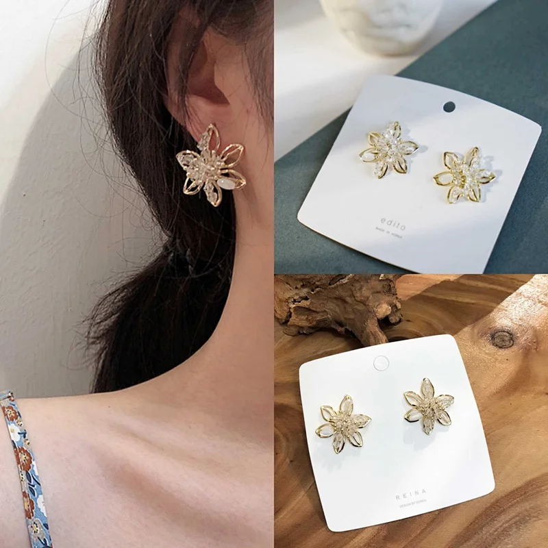 MENGJIQIAO Корейская Новая мода сладкий полый кристалл цветок серьги гвоздики для женщин металлические элегантные Oorbellen Bijoux подарки ювелирные изделия