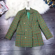 Европейская и американская женская одежда зима стиль длинный рукав двубортное модное зеленое клетчатое пальто