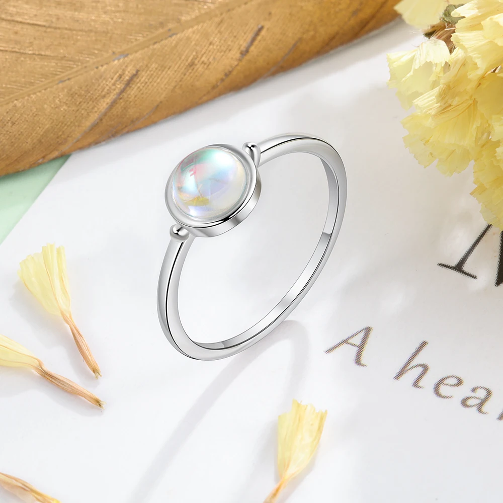 Silver Ring Round Moonstone Women Engagement Wedding Band 925 Sterling
