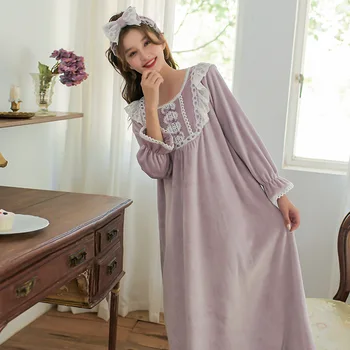 

Sweet Warm Velvet Women's Nightwear Lace Vintage Princess Autumn Winter Warm Loose Long Nightgowns Home Clothes