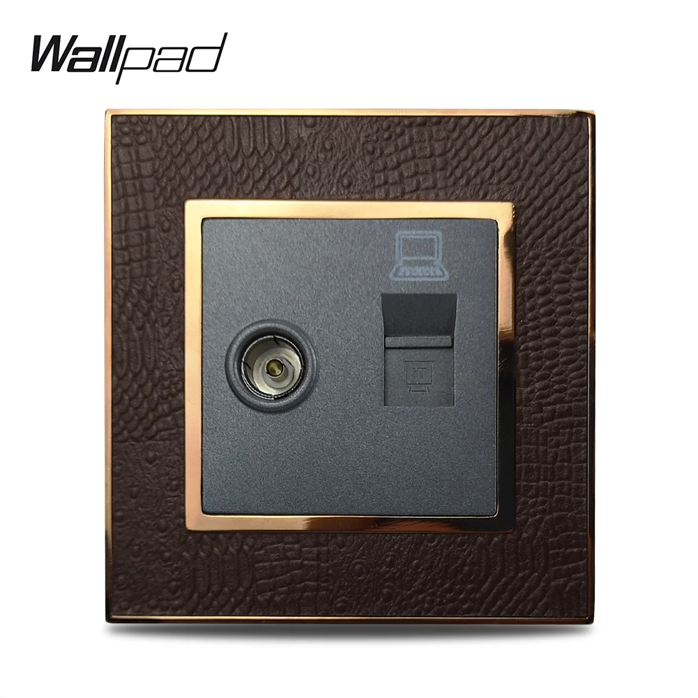 

Hot Sale TV DATA Computer Network CAT5 RJ45 Socket Wallpad Luxury Leather Panel Silver Gold Frame Wall Electric Outlet