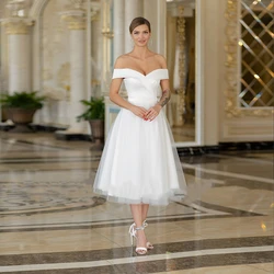 2022 Short White Wedding Dress A Line Off The Shoulder Lace Up Back Tea Length Bridal Gowns Marriage Party Dresses Tutu Skirt