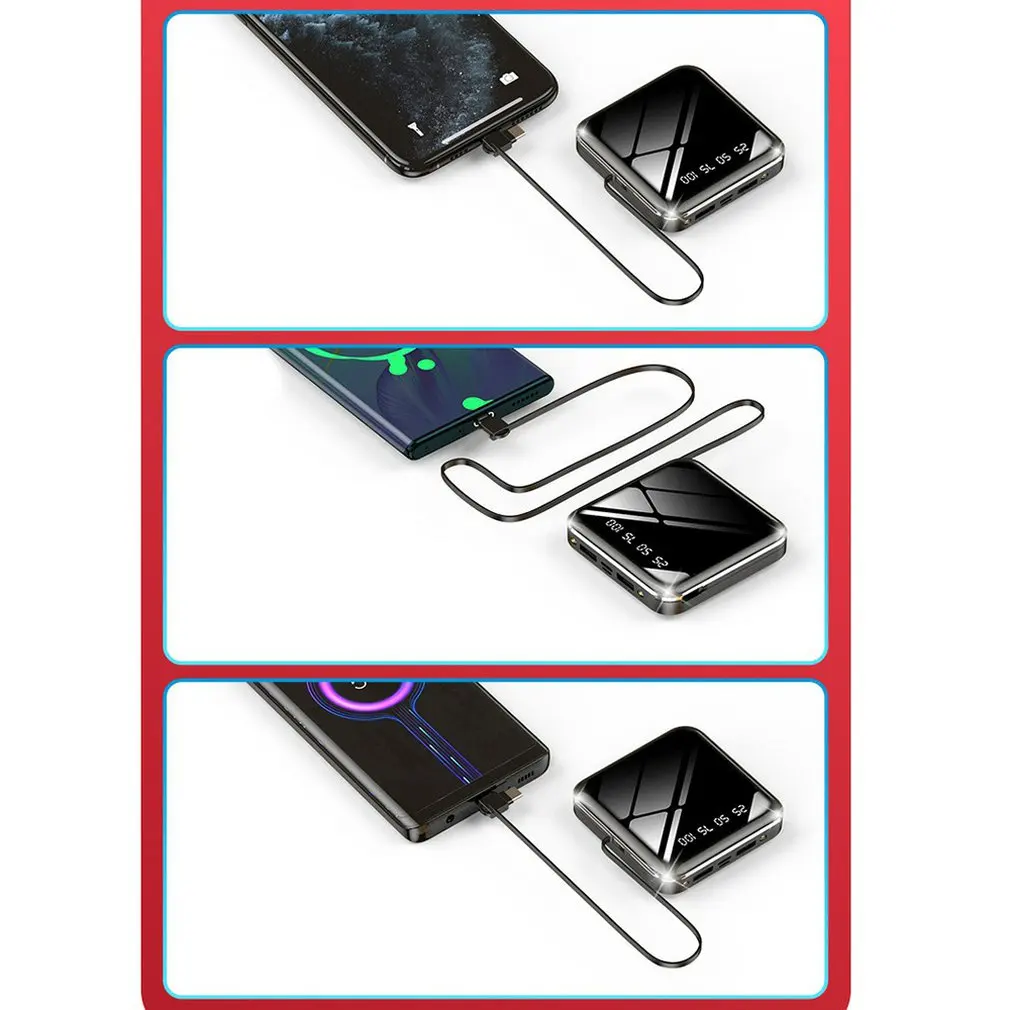 10000mah 20000mAh Power Bank With Cable Digital Display Mini Mirror Powerbank with 3in 1 Cable Portable Bank 10000mah 20000mAh Power Bank With Cable Digital Display Mini Mirror Powerbank with 3in 1 Cable Portable Bank