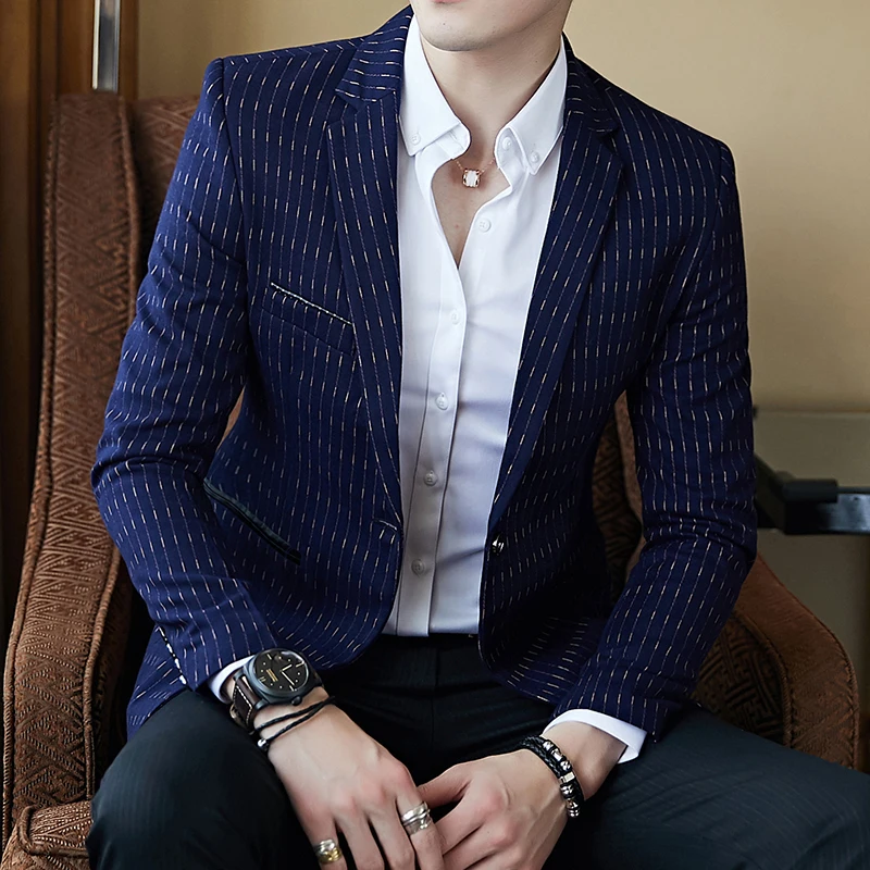 

Fit Slim Masculino Business Casual Stylish Blazer Spring Autumn Dot Striped Blazers Mens