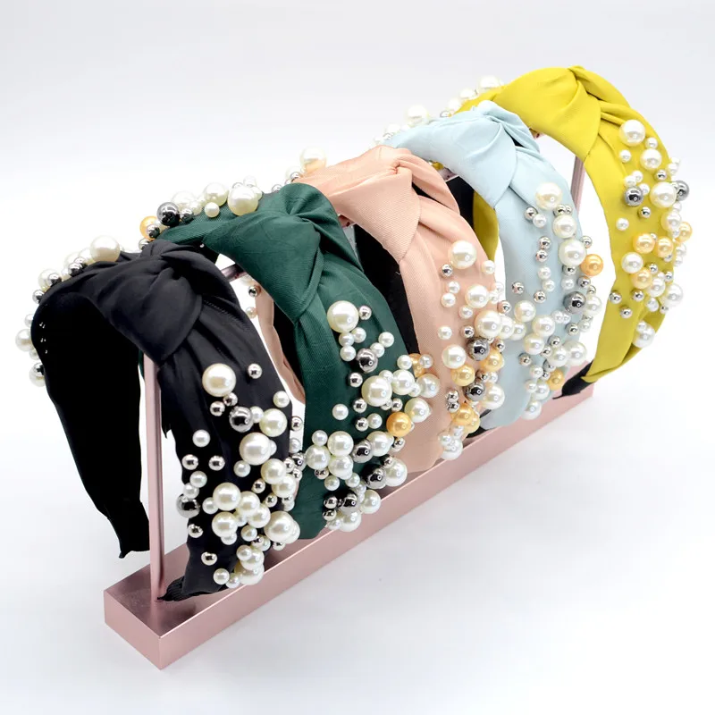 

European and American Wide-brimmed Korean Simple Cloth Tide Beading Knotted Sen-line Ladies Wash Face Korean Pearl Headband