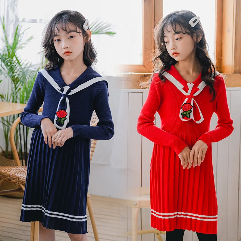 Платье для девочек, осенне-зимнее платье-свитер, новые модные милые платья принцессы в школьном стиле для маленьких девочек 6, 8, 10, 12 лет