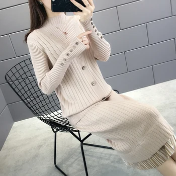 

2019 Autumn And Winter Women Casual Soild Knitted Jumper Tops+Skirts 2 Pieces Sets Loose Knit Sweater Skirt Suits