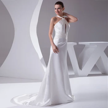 

Halter Hollow Out Court Train Wedding Dress Silk And Satin Backless Bridal Dress Vestido De Noiva