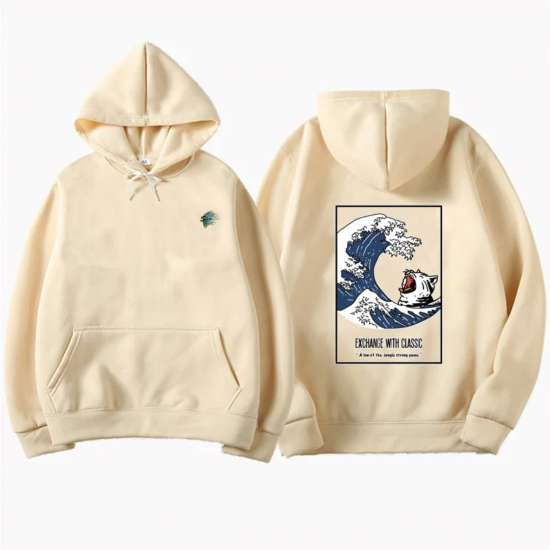 Cat Wave Printed Fleece Hoodies Winter Hip Hop Casual Sweatshirts Streetwear