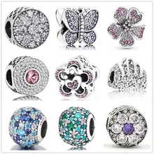 Подходит к оригинальному браслету Pandora, 925 пробы, серебро, циркон, Бабочка, любовь, цветок, шарм, бисер, сделай сам, изготовление ювелирных изделий, Berloque