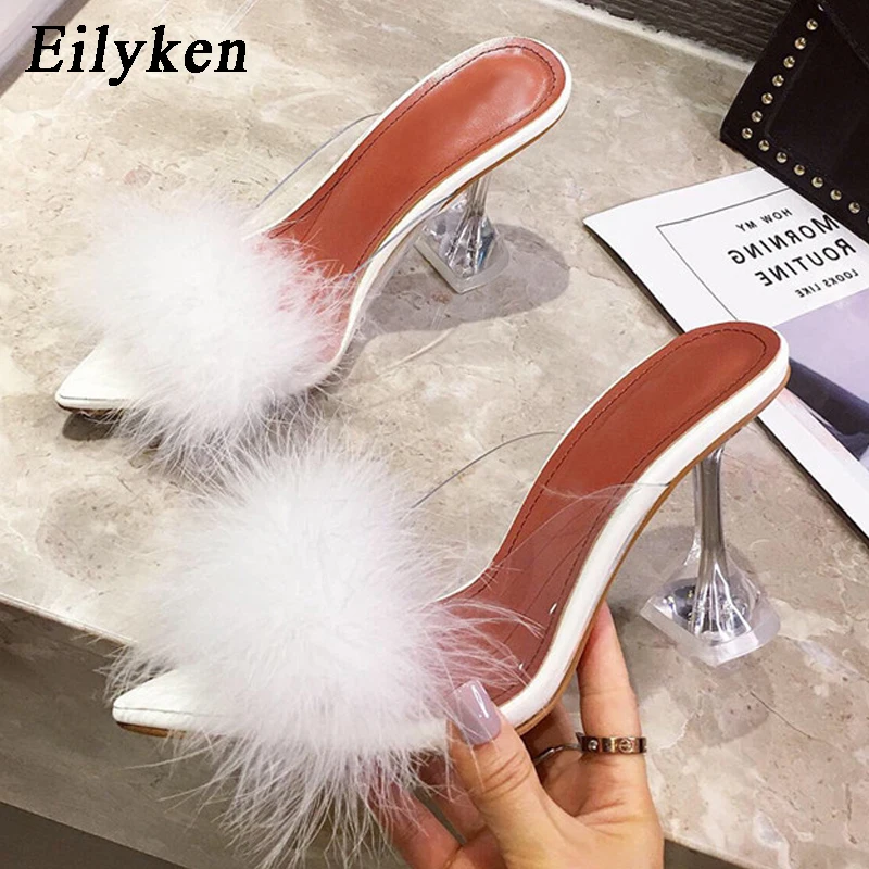Eilyken новые дизайнерские белые пушистые женские тапочки с заостренным носком ПВХ