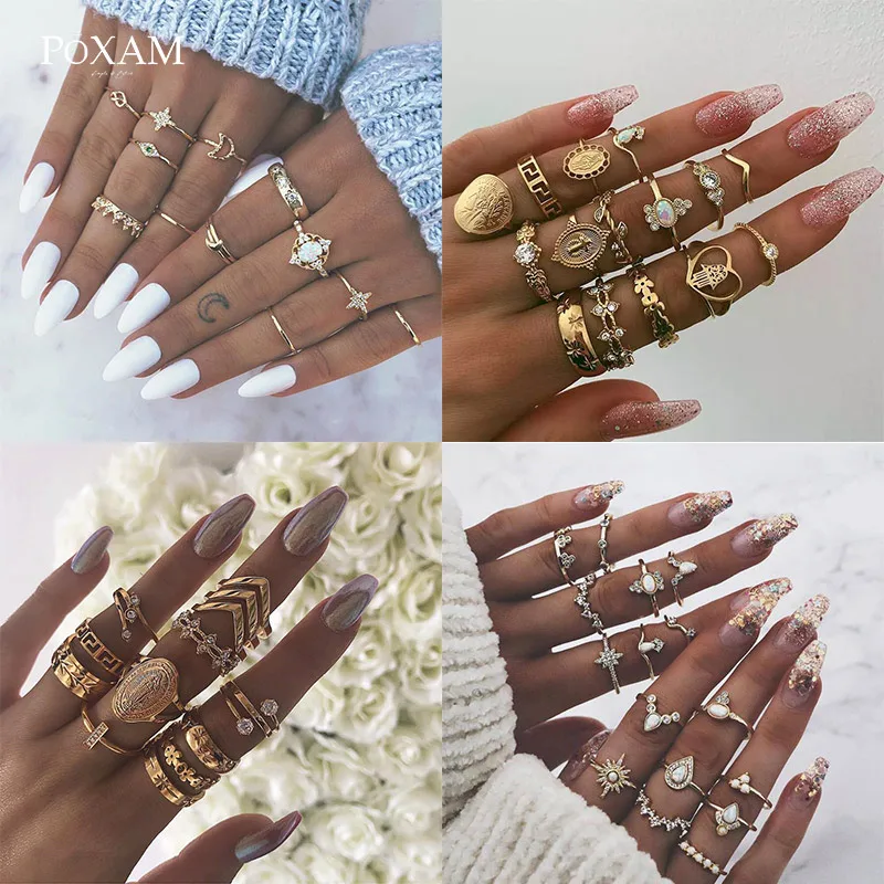 

POXAM Bohemian Dainty Vintage Gold Rings Set 16 Styles Punk Geometric Wave Opal Pattern Crystal Wedding Ring For Women Jewelry