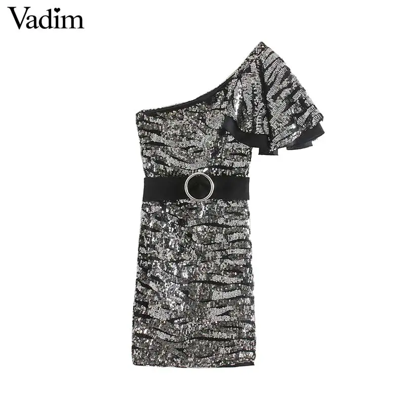 Женское элегантное платье vadim, сексуальное мини-платье на одно плечо, расшитое блестками, блестящие Женские повседневные эластичные шикарные платья, вечерние платья QD080