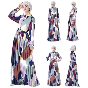 

Muslim Women Abaya Open Button Shirt Long Maxi Dress Pleated Robes Geometry Printed Gowns Islamic Clothing Arab Dress With Belt