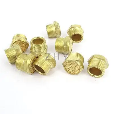 

10 Pcs Flat Pneumatic Noise Muffler Filter Sintered Gold Tone 3/8PT Male Thread