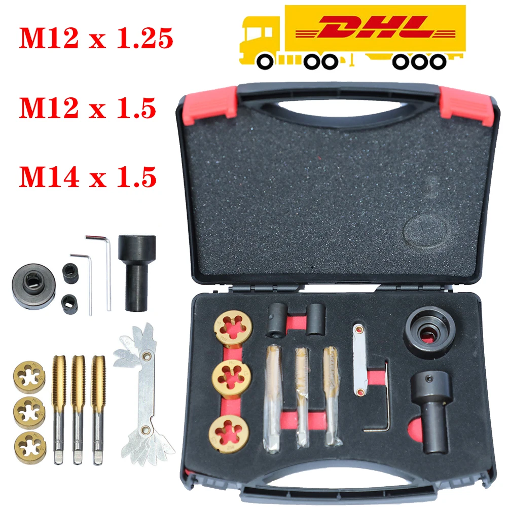MR CARTOOL 12pc Tap and Die Set for Wheel Studs & Nuts M12x 1.25 M12 x 1.5 M14x1.5 Thread Repair Tool Kit 
