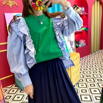 

Plus Size Ruffles Patchwork Top Loose Shirt O-Neck Women 2019 Autumn Lantern Sleeve Stripe Blouse