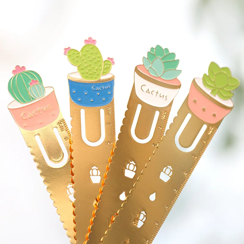 

1PC Creative Cactus Golden Metal Measure Ruler Student Stationery Metric Hand Account Drawing Tool Bookark Ruler