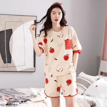 

New Summer Cotton Short-sleeved Sleepwear Pajamas Set Can Be Worn Outside Summer Simple Casual Homewear Loungewear Women Suit