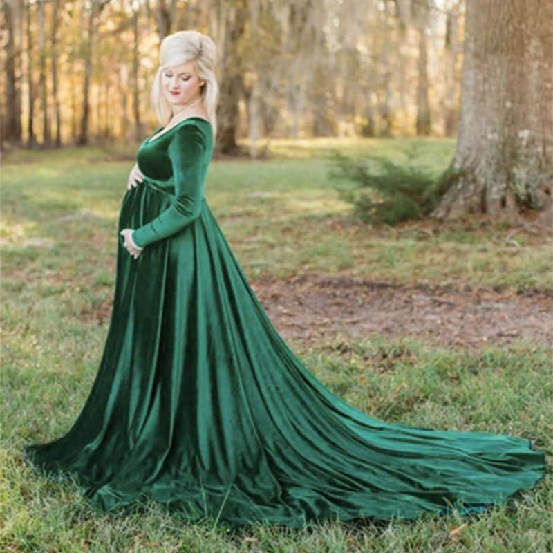 New Pleuche Maternity Dress Photography Long Pregnancy Dresses Elegence Maxi Maternity Gown Photo Prop For Pregnant Women Shoot - Цвет: Green