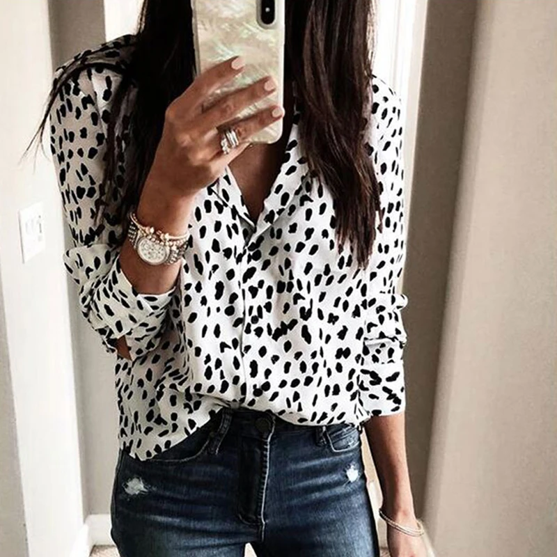 

Hirigin Long Sleeve Leopard Blouse Fashion Women V neck Shirt Ladies OL Party Top Dames Streetwear blusas femininas Plus Size