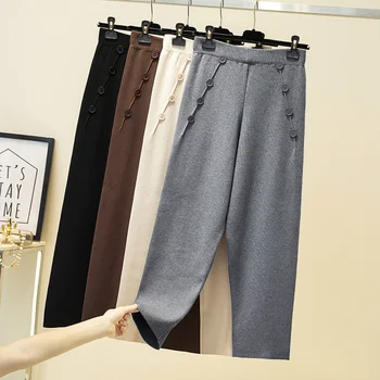 

Croysier Woman Pants 2020 Winter Clothes Cozy Warm Knitted Pants For Women Buttons High Waist Solid Casual Harem Pants Trousers