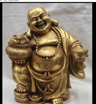

zhmui88006421<<++10" China Chinese Brass Happy Laugh Maitreya Buddha Yuanbao treasure bowl Statue