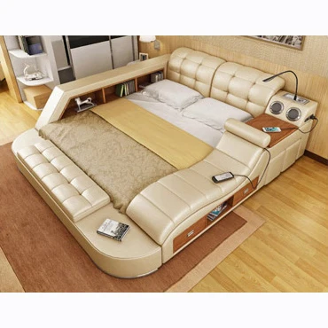 

CBMMART Real Leather Massage Double Bed with Storage, Safe Box, Speakers, Desk