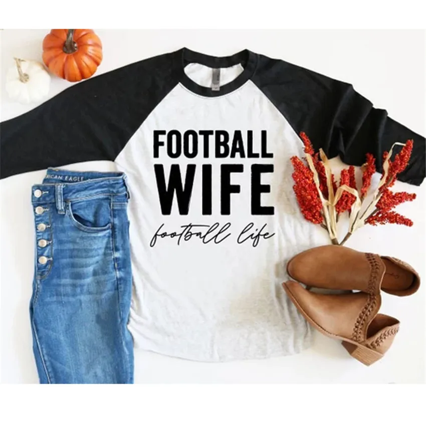 

Football Wife Printed T-shirt Women 2019 Tops Tee Casual O-neck Tee Shirt Female Raglan sleeve Tees Autumn Winter Top Plus Size