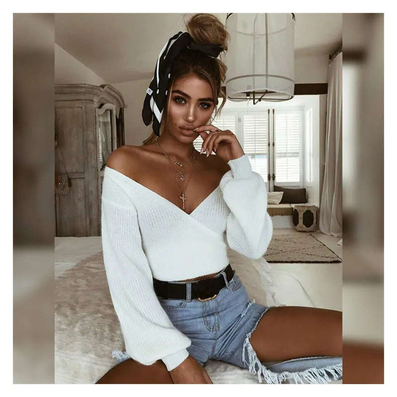 Autumn Winter Sweaters Tops Loose Slim Sweater Pullover Casual Solid Fashion White Long Sleeve V-neck Women Clothing Sexy | Женская