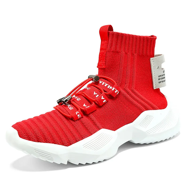 Носки, кроссовки, мужские, вязанные, дышащие, женские кроссовки для бега, высокие, унисекс, прогулочная обувь для больших детей, беговые кроссовки, носки, ботинки - Цвет: Red