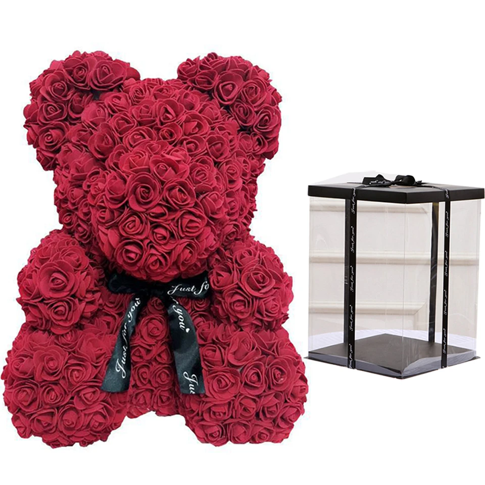 Прямая поставка, 40 см, плюшевый мишка, цветок розы, искусственное мыло, пена, медведь из роз, подарки на год для женщин, подарок на день Святого Валентина, свадьбу - Цвет: red wine with box