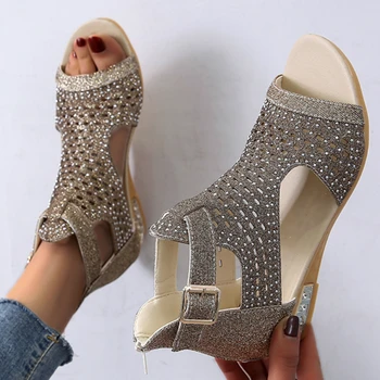 

Women Summer Sandals Platform Wedges Low Heel Peep Toe Hollow Out Crystal Ankle Buckle Sexy Dress Ladies Shoes Zapatos De Mujer