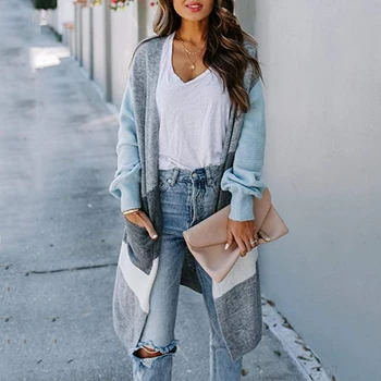 

2020 Autumn Women Sweater Striped Color Block Draped Loose Cardigan Fashion Long Sleeve Casual Knit Sweater Coat